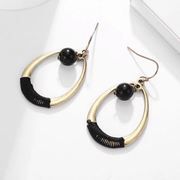 Thread Wrapped Tear Drop Earrings Black Gold - Picture 2 of 4